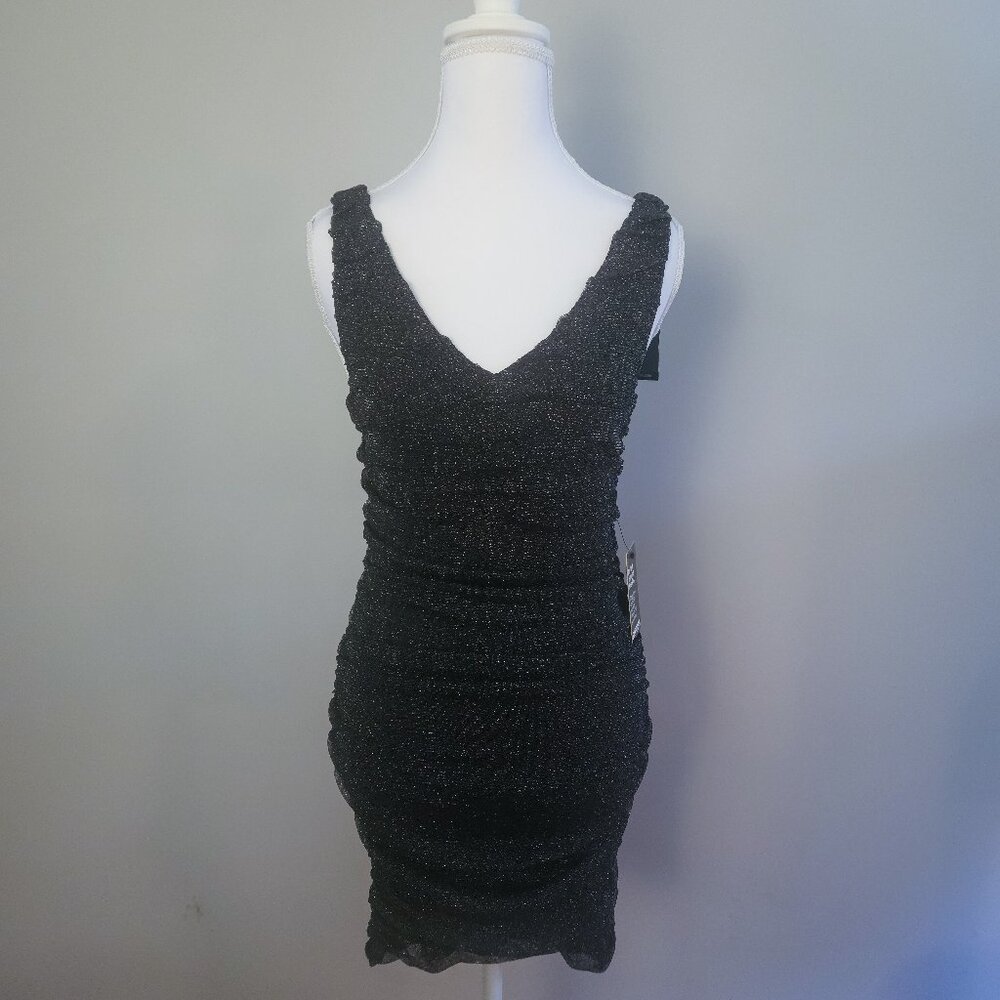 NWT Express S Metallic Ruched Bodycon Dress Sleveless V-Neck Mini Black Small